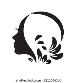 Stylized pretty woman face with long hair silhouette. Hair beauty salon logo or symbol.