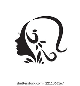 Stylized pretty woman face with long hair silhouette. Hair beauty salon logo or symbol.