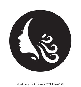 Stylized pretty woman face with long hair silhouette. Hair beauty salon logo or symbol.