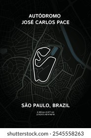 Stylized printable vector map poster of Autodromo Jose Carlos Pace in Sao Paulo. Vector race track illustration with a map background and clean gradients with editable text.