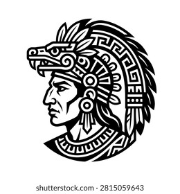 Stylized profile of an Aztec warrior wearing a feathered headdress resembling a serpent or jaguar, featuring intricate tribal patterns and symbolic designs.