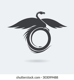 Stylized profile dragon image in grey color. Circle composition. Vector illustration. Works well as a tattoo, icon, emblem, print or mascot.