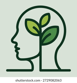 Perfil estilizado de uma cabeça humana com uma planta verde crescente dentro simboliza o potencial de crescimento e pensamento fresco na ecologia e desenvolvimento pessoal
