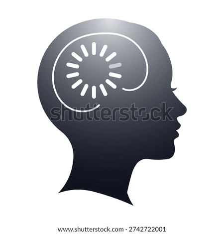 A stylized profile of a human head in silhouette, featuring a circular loading icon within the brain area, symbolizing mental processing or waiting