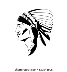 A stylized profile of the Indian chief in traditional ceremonial headdress. Vector illustration of simple silhouette style