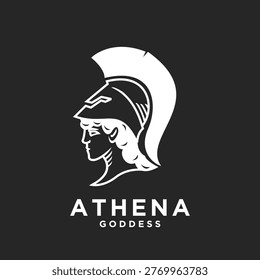 A stylized profile logo of the Greek goddess Athena, depicted wearing her iconic Corinthian helmet, rendered in clean white lines against a dark background. This minimalist vector art is ideal for branding, educational content, or designs related to ancient history, mythology, wisdom, and strength.