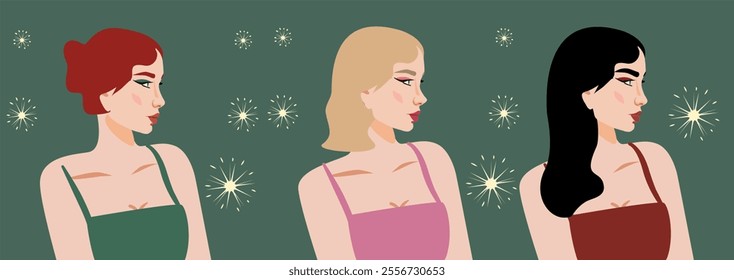 Stylized profile portraits of three elegant women with minimalistic design. Neutral background with subtle star patterns. Ideal for beauty, fashion, or lifestyle concepts.