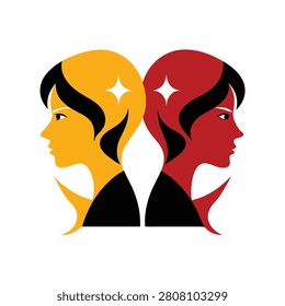 Stylized profile portraits of two human heads in yellow and red facing opposite directions with star accents