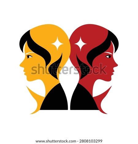 Stylized profile portraits of two human heads in yellow and red facing opposite directions with star accents