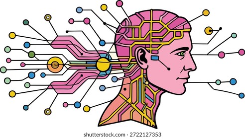 A stylized profile view of a human head depicted as a technological construct. The interior of the head and neck is represented by complex circuit board patterns in yellow and red, symbolizing a digital network or enhanced brain function. From the back of the head, a vibrant network of lines extends outwards, connecting to various nodes and data points in a colorful array of blue, yellow, and green, suggesting data input, output, or communication with a larger digital system. This illustration effectively visualizes concepts related to artificial intelligence, neuro-technology, and the merging of human cognition with machine processes.