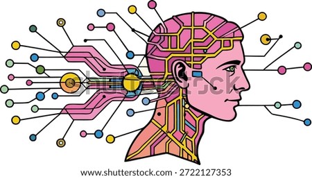 A stylized profile view of a human head depicted as a technological construct. The interior of the head and neck is represented by complex circuit board patterns in yellow and red, symbolizing a digital network or enhanced brain function. From the back of the head, a vibrant network of lines extends outwards, connecting to various nodes and data points in a colorful array of blue, yellow, and green, suggesting data input, output, or communication with a larger digital system. This illustration effectively visualizes concepts related to artificial intelligence, neuro-technology, and the merging of human cognition with machine processes.