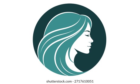 Un perfil estilizado de la cabeza de una mujer con el pelo largo, que fluye, representado en tonos de verde azulado y blanco contra un fondo circular verde azulado oscuro.
