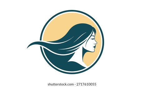 Un perfil estilizado de la cabeza de una mujer con cabello largo y oscuro sobre un fondo circular.