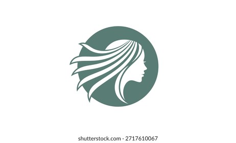 Un perfil estilizado de la cabeza de una mujer con el pelo largo, que fluye, encerrado en un emblema circular.