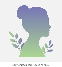 Um perfil estilizado da cabeça e ombros de uma mulher, renderizado em um gradiente suave de roxo a verde, adornado com sutis ramos folhosos em ambos os lados