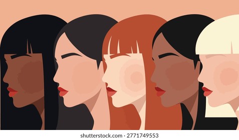 Stylized profiles of five women demonstrate diversity in appearance, celebrating beauty and promoting inclusivity through minimalist art.