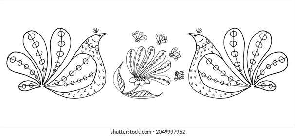 Stylized proud hen birds looking at a flower, in doodle or sketch style, vector. Children's and adult coloring pages, anti-stress. Postcard, invitation, greeting card, poster.