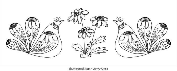 Stylized proud hen birds looking at a flower, in doodle or sketch style, vector. Children's and adult coloring pages, anti-stress. Postcard, invitation, greeting card, poster.