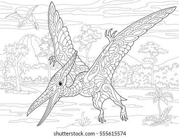 Stylized pterodactyl dinosaur, pterosaur of the late Jurassic period. Freehand sketch for adult anti stress coloring book page with doodle and zentangle elements.
