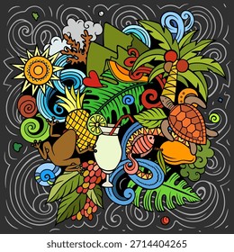 Stilisiertes Puerto-Rico-Vektordoodle auf dunklem Hintergrund mit Rum, Trompete, tropischen Früchten, Dschungelelementen und Inselenergie. Ideal für Bars, Reiseplakate oder Party-Branding.