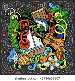 Stylized Puerto Rico vector doodle on dark background with rum, trumpet, tropical fruits, jungle elements, and island energy. Ideal for bars, travel posters, or party branding. Hand drawn, not AI