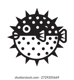 Stylized Puffer Fish Vector Icon - Black and White Dotted Blowfish Illustration.