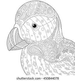 Stylized puffin (atlantic sea bird), isolated on white background.
Freehand sketch for adult anti stress coloring book page with doodle and zentangle elements.