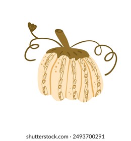 Stylized pumpkin isolated on white background. Textured ripe vegetable harvest. Vector hand drawn flat illustration