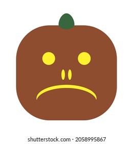 Stylized pumpkin with sad grimace for Halloween. Carved face on ripe gourd. Cartoon sad mask. Pumpkin Halloween mug. Squash silhouette. Autumn vacation. October natural symbol. Vector illustration.