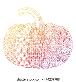 Stylized a pumpkin. Vegetable. Halloween. Pumpkin in the patterns. Ornamental. Line art. Black and white drawing by hand. Doodle. Zentangle. Tattoo.