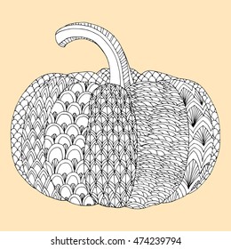 Stylized a pumpkin. Vegetable. Halloween. Pumpkin in the patterns. Ornamental. Line art. Black and white drawing by hand. Doodle. Zentangle. Tattoo.
