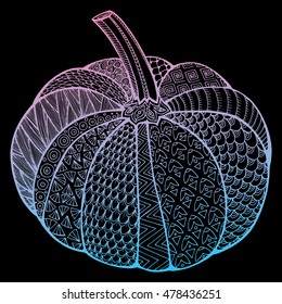 Stylized a pumpkin. Vegetable. Halloween. Pumpkin in the patterns. Ornamental. Line art. Black and white drawing by hand. Doodle. Zentangle. Tattoo.