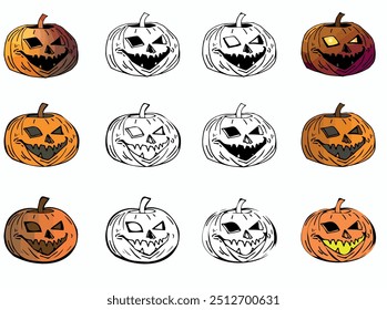 Estilizado Feiticeira de abóbora Definir Linha Clip Art Design Linear Halloween Witchcraft Magic Elements ícones. Elementos de doodle e ilustração desenhada para desenhos de férias, decorações. Desenho de desenho animado