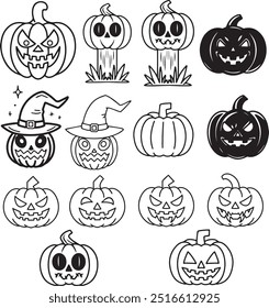 Estilizado Feiticeira de abóbora Definir Linha Clip Art Design Linear Halloween Witchcraft Magic Elements ícones. Elementos de doodle e ilustração desenhada para desenhos de férias, decorações. Desenho de desenho animado