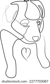 Dibujo estilizado de cachorro y de corazón, de línea vectorial. Perro de una línea