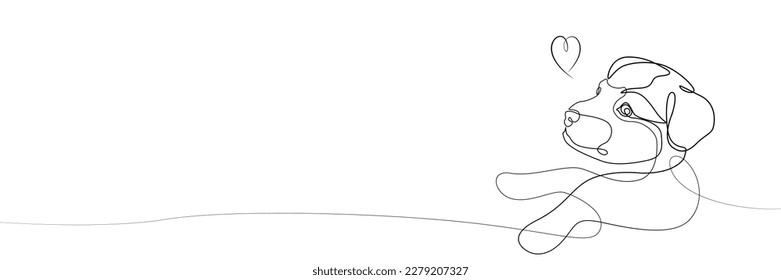 Stylized puppy and heart, vector line drawing. One line dog on a white background. Banner for a pet shop, advertising products for dogs