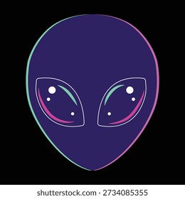 stilisierter violetter Alien-Kopf mit neonrosa und türkisem Glitzer-Effekt auf schwarzem Hintergrund