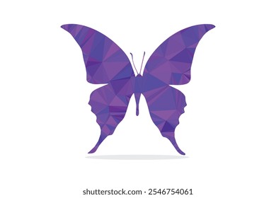 Mariposa púrpura estilizada en arte geométrico de baja poli, que simboliza la transformación, el crecimiento y el arte digital. NFT, espiritual, tendencia. Diseño único.