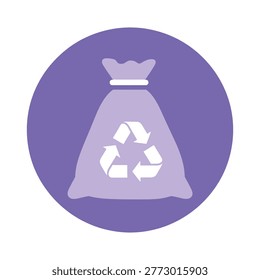 A stylized purple circle graphic depicting a garbage bag with a recycling symbol icon