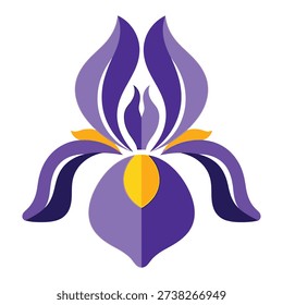Stylized purple iris flower with yellow accents, isolated on a white background, vector art.