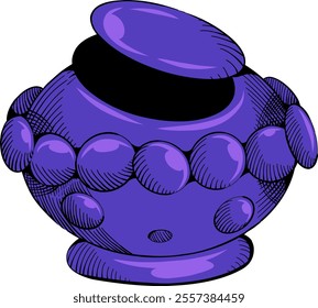 A stylized purple jar with a lid, adorned with a row of circular embellishments.