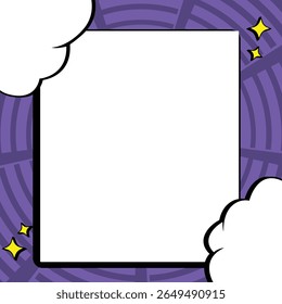 Stylized purple pop art background featuring a rectangular white frame surrounded by cartoonish white clouds and sparkling yellow stars. The purple backdrop has a dynamic curved lines pattern, creatin