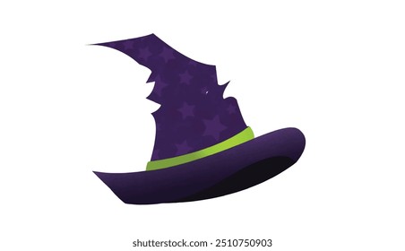 Stylized Purple Witch Hat with Star Pattern and Green Band On the White Background.