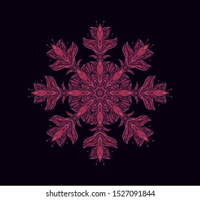 Stylized purple-red rosette, mandala, snowflake on dark background