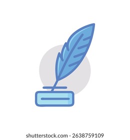 Stylized quill and inkwell in soft light blue tones