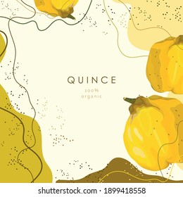 Stylized quince on an abstract background. Ripe yellow fruit. Postcard, banner, poster, sticker, print, advertising materials. Vector illustration.