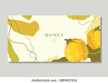 Stylized quince on an abstract background. Ripe yellow fruit. Postcard, banner, poster, sticker, print, advertising materials. Vector illustration.