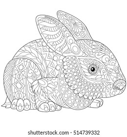 Stylized rabbit (bunny, hare) isolated on white background. Freehand sketch for adult anti stress coloring book page with doodle and zentangle elements.