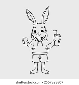 Stylized Rabbit Character Image holding two drinking glasses. Cartoon Rabbit with Hoodie