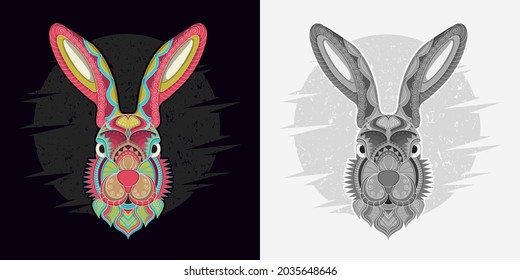 Stylized rabbit in ethnic vector black and white background